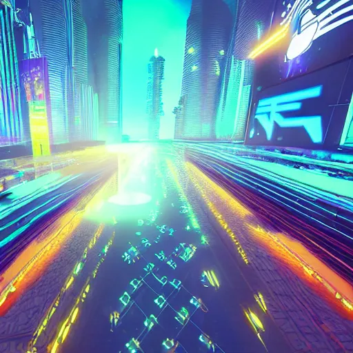 Prompt: cyberpunk dreamscape, tall buildings, neon lights, holographs, nighttime, first person pov, hyperrealistic, detailed