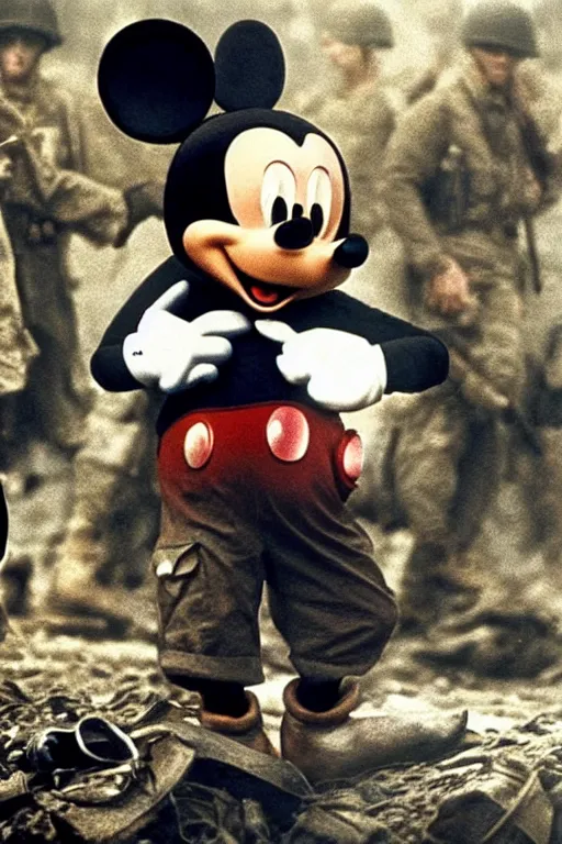 Prompt: 'photo of mickey mouse in saving private ryan, ww2, hyperrealistic, detailed'