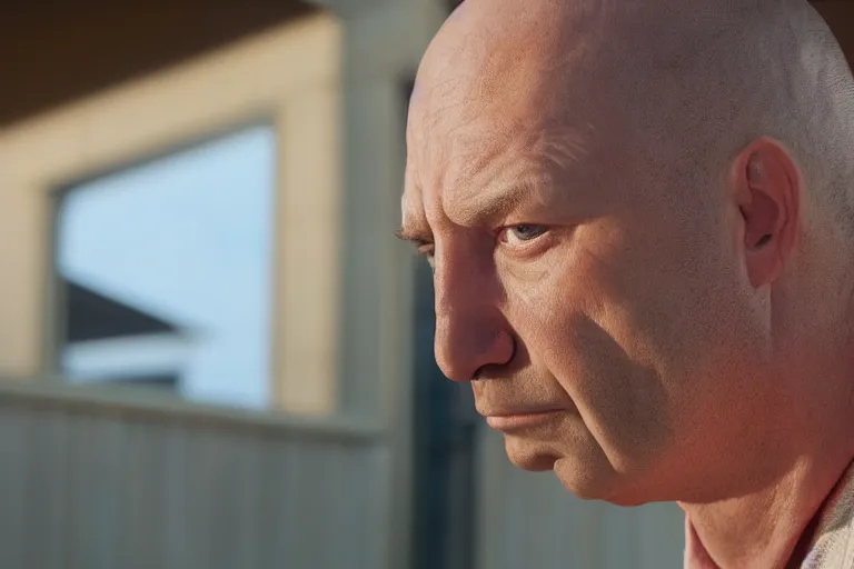 Image similar to movie scene portrait closeup, real life homer simpson in front of house, natural lighting by emmanuel lubezki