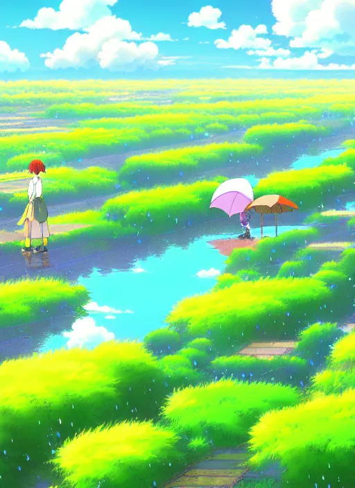 Image similar to a colourful ultradetailed anime illustration of a rainy fields and villages, river, sky, summer, by ghibli, makoto shinkai, bright and transparent animation style, anime art wallpaper 4 k, trending on artstation