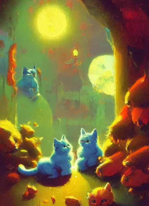 Prompt: colourful painting of two cute little kitties, art in paul lehr style, wide shot, bright, soft lighting, focus, masterpiece art - w 7 0 4