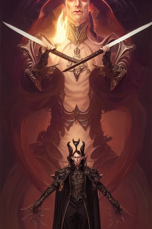 Prompt: dark fantasy, evil male magician with staff with powerfull crystall portrait, dark surrealist , fantasy, intricate, elegant, highly detailed, digital painting, artstation, concept art, smooth, sharp focus, illustration, art by artgerm and greg rutkowski and alphonse mucha