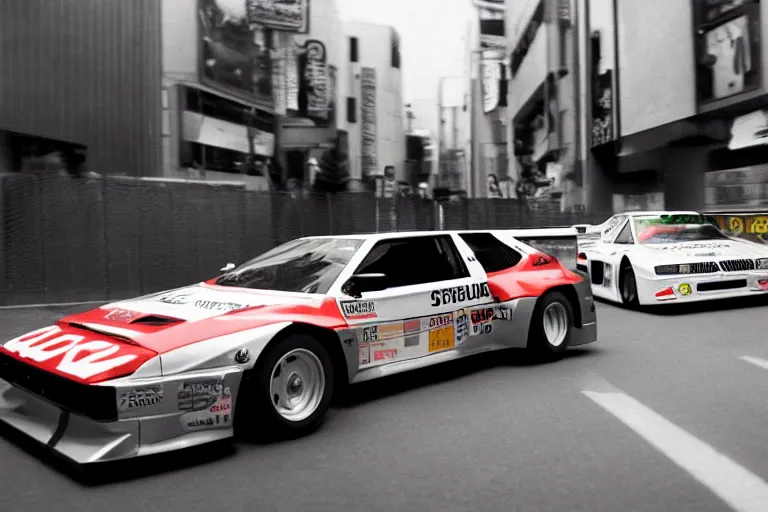Image similar to single racecar 1988 Audi Quattro, BMW M1, movie still, footage on Tokyo streets, volumetric lighting, f8 aperture, cinematic Eastman 5384 film