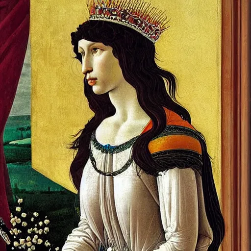 Image similar to portrait of tyrannosaurus as italian queen, painting by botticelli