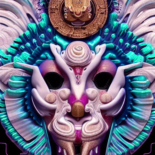 Image similar to 3 d goddess close - up frontal portrait with ram golden skull. beautiful intricately detailed japanese crow kitsune mask and clasical japanese kimono. betta fish, jellyfish phoenix, bio luminescent, plasma, ice, water, wind, creature, mandelbulb, fractal, artwork by tooth wu and wlop and beeple and greg rutkowski