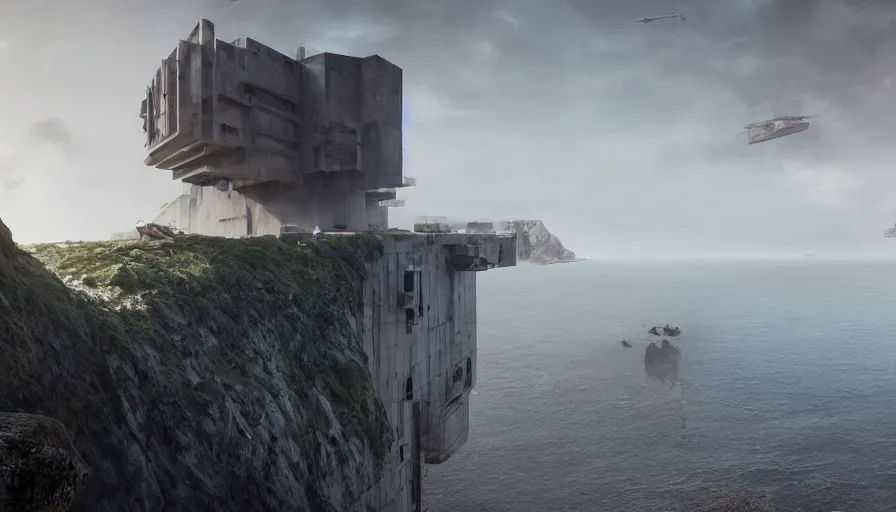 Prompt: coastal perched on a cliff overlooking a magnificient bay, imperial brutalist base, drawing architecture, ultra very long shot, top angle, imperial architecture in rogue one, pritzker architecture prize, brutalism architecture, jan urschel, greig fraser, by james gurney, greg rutkowski, highly detailed digital art, artstation