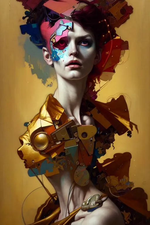 Image similar to portrait, patchwork doll, cyberpunk, elegant baroque, asymmetrical art, emotional, hyperrealism, colorful, vivid, imposing, epic, abstract texture, gold leaf texture, artstation, concept art, by peter mohrbacher and wlop and rhads and artgerm and magali villeneuve and alphonse mucha