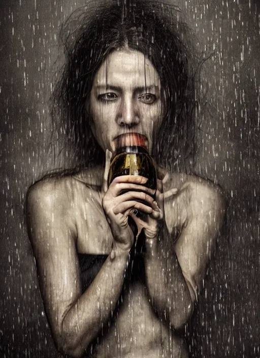 Image similar to expressive potrait photo of sad tired woman in the rain eating a bottle, glamour shot, by jenny saville, by stefan gesell, photorealistic, canon r 3, fashion photography, hyper maximalist, elegant, ornate, luxury, elite, environmental portrait, symmetrical features, octane render, unreal engine, solid dark grey background, dramatic lights