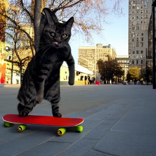 Prompt: cat riding a skateboard in the city