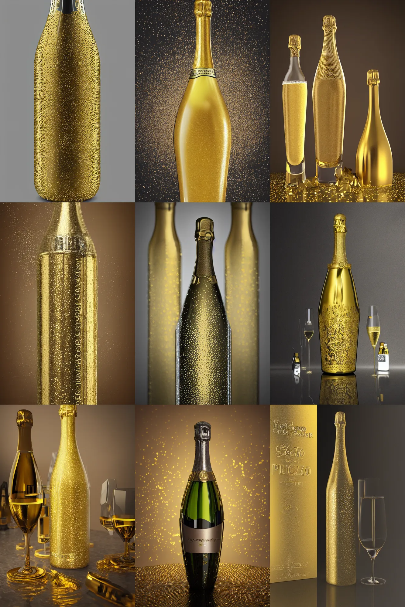 Prompt: huge bottle of prosecco, hyperrealistic extreme shine details, translucent glass shine, golden color, intricate and ornate bottle detail, Octane render