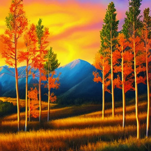 Image similar to beautiful painting of an Aspen forest at sunset, digital art, award winning illustration, golden hour, trending on artstation