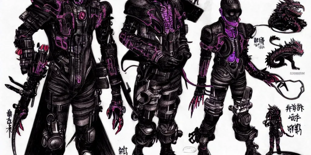 Prompt: character design of futur dragon hunter, by katsuhiro otomo and josan gonzales, neo goth, goth, cyberpunk, drawing, concept sheet, game characters, vivid colors