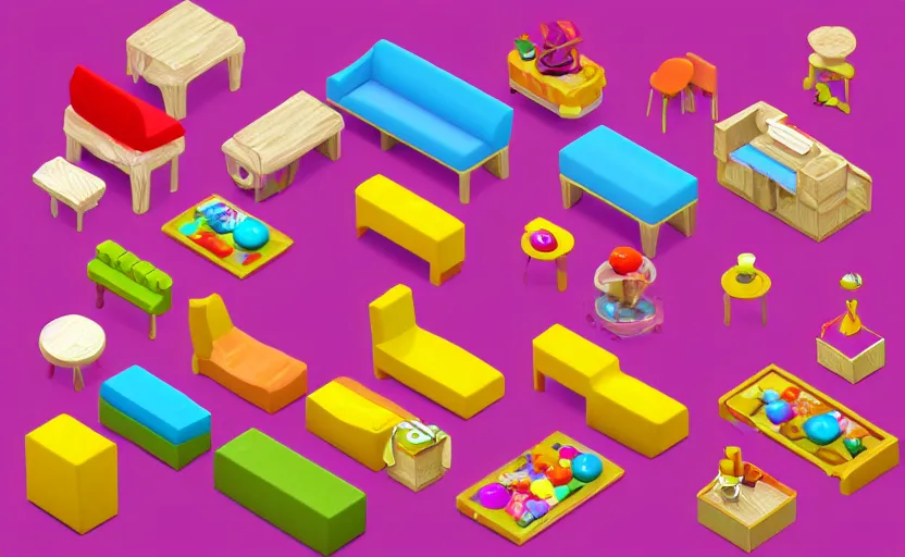 Prompt: 2004-2007 isometric candy crush themed furniture set, sculpted, game asset, 3d render, in the style of VMK, yoworld, artstation, isometric by Miha Rinne