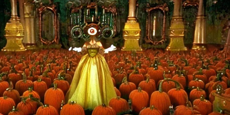 Image similar to cinematography of the 1985 film Return To Oz Character Jack pumpkin head standing in the mirrored palace of princess Mombi in the style of the 1985 film Return To Oz Shot on Film by Return To Oz Cinematographer David Watkin on a cooke panchro 18mm lens.