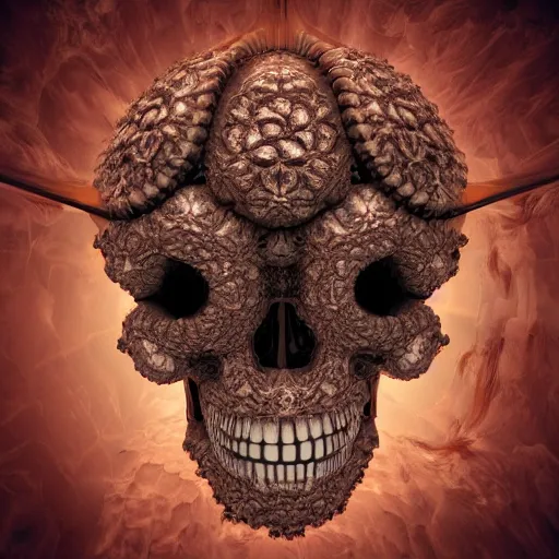 Image similar to fractal skull afro third eye art art by machina infinitum, infinite intricacy, rendered in octane, mandelbulb 3 d, ambient occlusion, macro photography