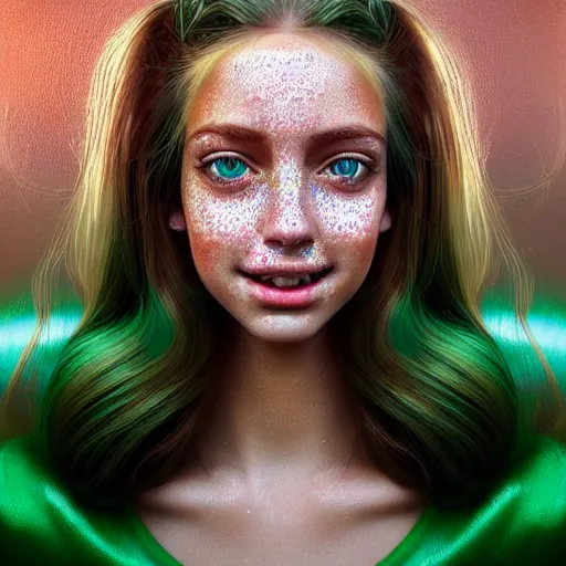 Image similar to ! beautiful hyperrealism hyperdetailed selfie of a cute young woman with vivid emerald green eyes, sitting in her car, long bronze brown hair, flushed face, red blush, light freckles, big puffy lips, smiling softly, soft features, 8 k, sharp focus, art by irakli nadar, instagram, portra 4 0 0