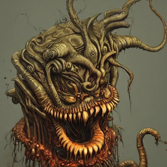 Image similar to concept art of a impossiblely big demonic eldritch garfield with mismatched animal features with its bloody mouth open wide revealing too many teath in the style of zdzisław beksinski in the style of h. r. giger trending on artstation deviantart pinterest furaffinity detailed realistic hd 8 k high resolution