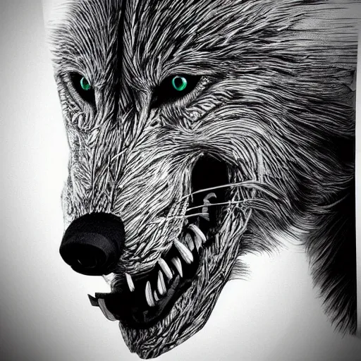 Image similar to black and white, bio mechanical, see through, 3 d, hyper realistic, detailed, hyper realism, skull of wolf