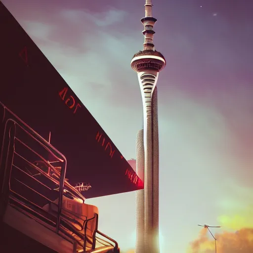 Image similar to auckland sky tower furturistic beacon, dynamic lighting, cinematic composition, upside down stranger things, cyberpunk, evil, artstation, octane render