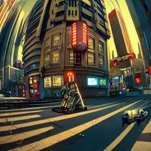 Prompt: 3 8 th century!!!!! robotic!!!!! town street, cinematic photography, futurism!!!!!, fisheye!!!!! lens, ( ( ( ( ( worm's - eye view ) ) ) ) ), illustrated by max hay, artstation, cgsociety contest winner, dramatic lighting, vignette