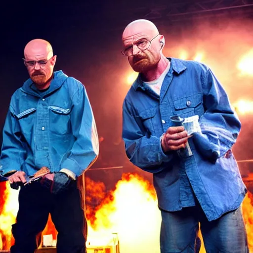 Prompt: Walter White and Jesse Pinkman cooking meth on a stage at a concert