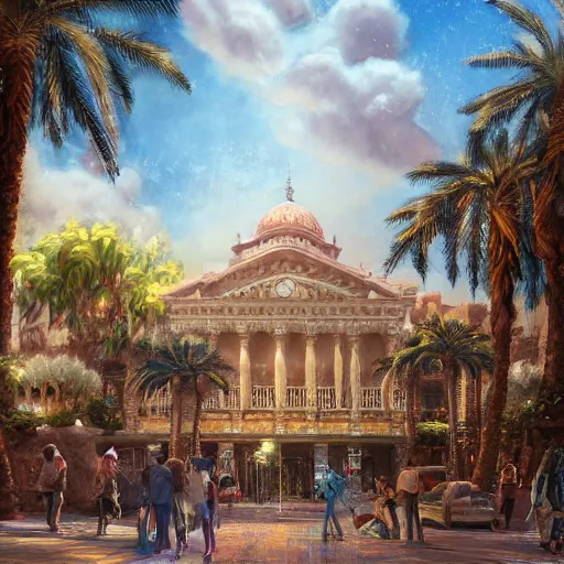 Prompt: a concept painting in the style of esao andrews of the khedival opera house in talaat harb square cairo with beautiful dramatic clouds, dappled lighting, lush landscaping, date palm trees, shrubs and flowers. esao andrews, trending on artstation