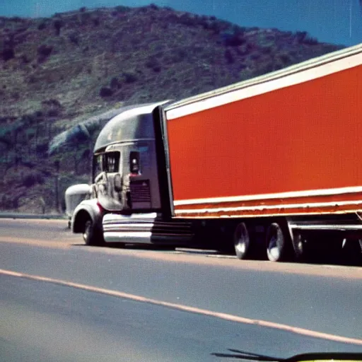 Image similar to 1 9 7 0's color b - movie scene about the musical trucker, a trucker playing the saxophone inside his big rig as it drives off the side of a highway