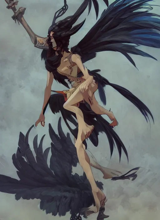 Image similar to concept art painting of a harpy with black feathers, pirate clothes, detailed, realistic, cel shaded, in the style of makoto shinkai and james gurney and alphonse mucha and greg rutkowski and artgerm