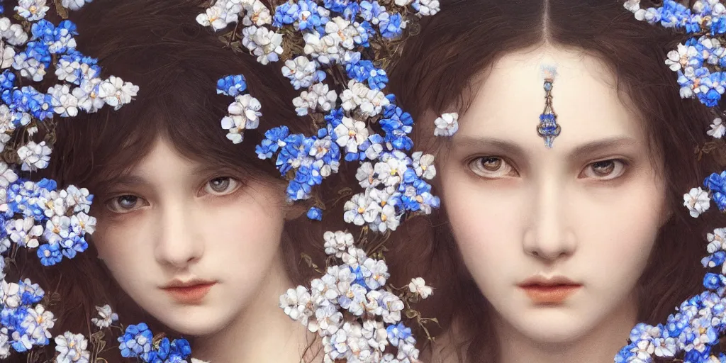 Image similar to breathtaking detailed concept art painting portrait of the goddess of nemophila flowers, orthodox saint, with anxious piercing eyes, ornate background, amalgamation of leaves and flowers, by hsiao - ron cheng, extremely moody lighting, 8 k