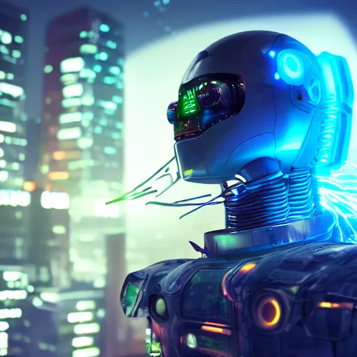 Prompt: a robot with a terrarium for a head, cyberpunk, city, neon, sci fi, 4k, artstation, octane, unreal