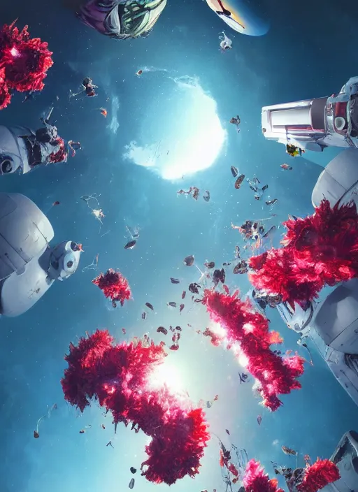 Image similar to An epic fantastic realism comic book style painting of the most beautiful flowers launched into space, bouquets, everything being pulled into a black hole, fisheye, unreal 5, DAZ, hyperrealistic, octane render, dynamic lighting