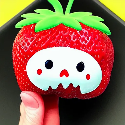 Image similar to a cute strawberry with two front teeth, holding a yellow toothbrush, in the style of chiho aoshima