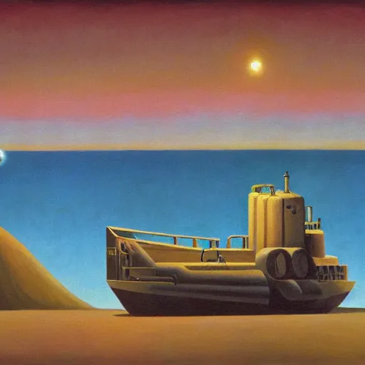 Prompt: hardened drill ship boring to the center of the earth, magma, core, heat, comedic, dystopian, grant wood, pj crook, edward hopper, oil on canvas