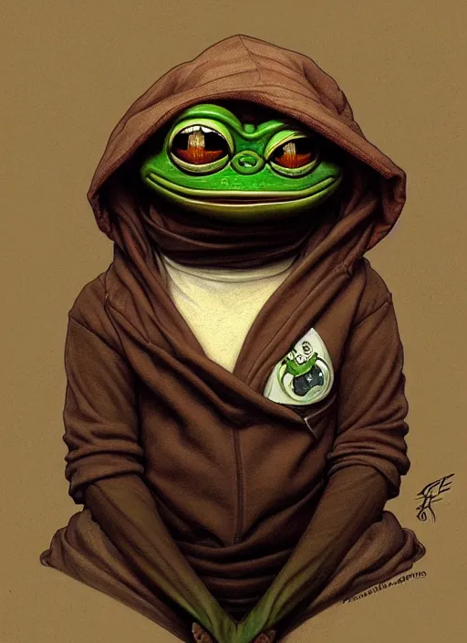 Image similar to pepe the frog, portrait, intricate, sad, highly detailed, digital painting, artstation, concept art, wallpaper, smooth, sharp focus, illustration, art by artgerm and greg rutkowski and alphonse mucha