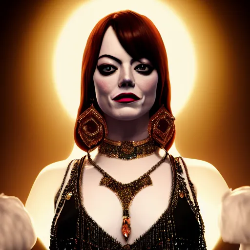 Prompt: a close up portrait of emma stone, she is dressed as a belly dancer,, arabian night, in focus sharp face with fine details, wearing black gloves, volumetric lightening, octane render, high quality, fully detailed, 4 k, alphonse mucha, masterpiece, stunning