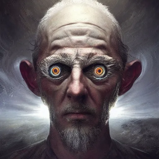 Prompt: michal karcz surrealism painting of the Benjamin Nethanyahu as an all seeing God. His eyes are watching everything. , horror theme, detailed, elegant, intricate, 4k,