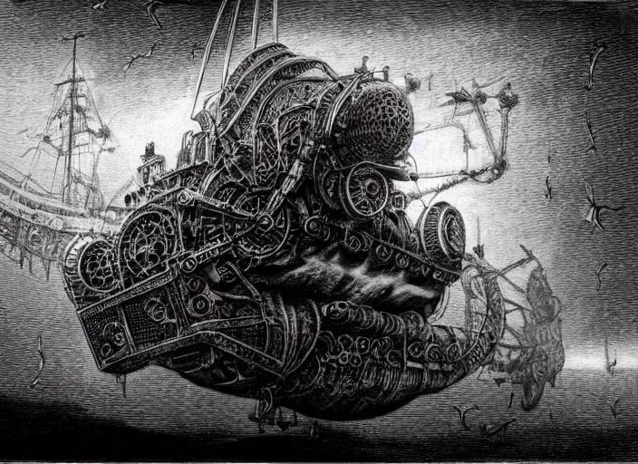 Image similar to detailed drawing of a steampunk spelljammer flying airship, illustrated by agostino arrivabene, hr giger, wayne barlowe, zdzisław beksiński, antiquity ship, ancient and modern, intricate details, clean linework, spacecraft, magical, sails, dragon