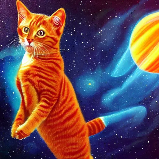 Prompt: a red tabby cat flying through space while sitting on a synthesizer, highly detailed oil painting