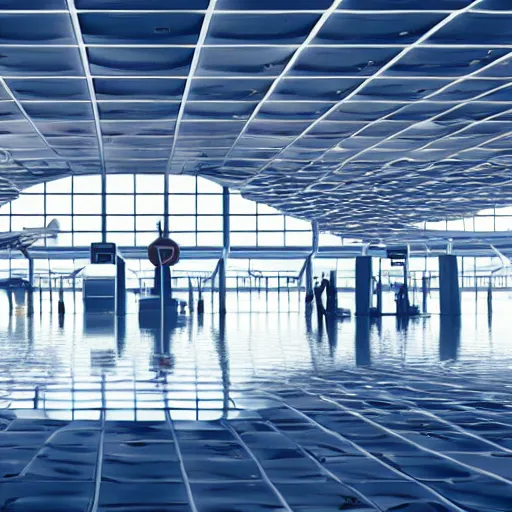 Image similar to photo of an airport interior, the floor is flooded with one meter deep water. eerie, volumetric lighting. highly - detailed 4 k