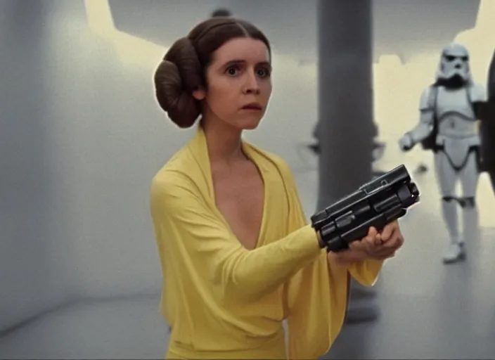 Image similar to screenshot portrait solo shot of Princess Leia training to use a yellow lightsaber at a new Jedi Temple scene from The Force Awakens, 1970s film by Stanley Kubrick, serene, iconic scene, stunning cinematography, hyper detailed, sharp, anamorphic lenses, kodak color film, 4k