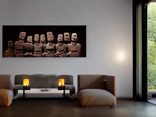 Prompt: a moai in a dark living room at night