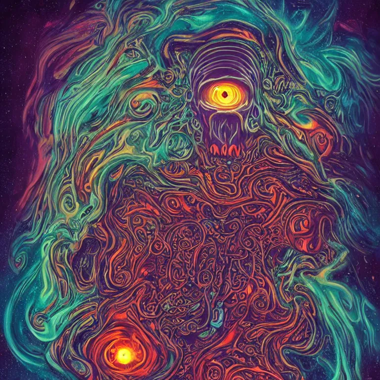 Image similar to a giant skull with intricate rune carvings and glowing eyes with symmetrical lovecraftian tentacles emerging from a space nebula by dan mumford, twirling smoke trail, a twisting vortex of dying galaxies, digital art, vivid colors, highly detailed