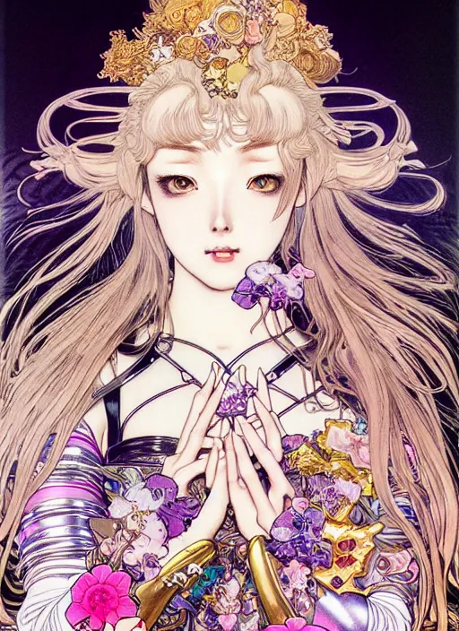 Prompt: highly detailed terada katsuya ayami kojima atrstation manga poster of princess mechine, rainbow gradient reflection, cute face by artgerm, long hair, armor, dress, laces, ruffles, 8 k, maximalist,, jump comics, tomer hanuka, alphonse mucha