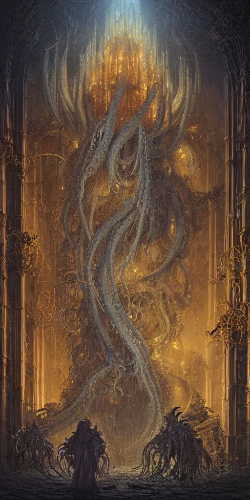 Prompt: group of people species mages with octopus heads and a lot of small translucent jellyfishes floating around inside an ancient mage castle hall colossal scale, gothic and baroque, brutalist architecture, ultradetailed, Intricate by Ellen Jewett and Josan Gonzalez and Giuseppe Arcimboldo