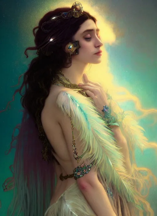 Image similar to ombre velvet gown, crying queen of feathers, portrait, long raven hair, tattered dress, dozens of jeweled necklaces, feral languid woman, by greg rutkowski, anato finnstark, alphonse mucha, global illumination, radiant light