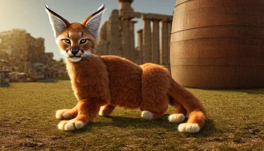 Image similar to wooden barrel on one side, fullbody photo of cute fluffy caracal in it, ancient greek city, sunny day, by ilya kuvshinov, rtx rendering, octane render 1 2 8 k, maya, extreme high intricate details by tom bagshaw, medium shot, close up shot, composition by sana takeda, lighting by greg rutkowski