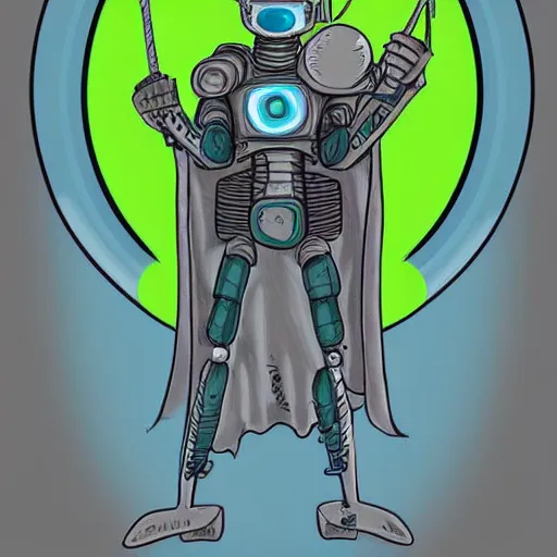 Prompt: A one eyed D&D grey warforged with a single cherenkov blue sphere for an eye wearing green robes. Scratchy art. Detailed