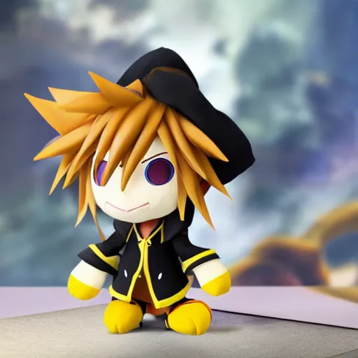 Prompt: A picture of a sora kingdom hearts plush toy, screenshot, square enix merch, Stuffed animal of an anime character, smiling