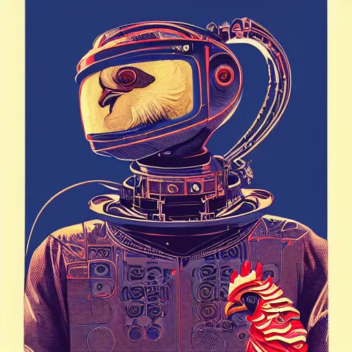 Image similar to a portrait of a robotic rooster wearing a hoodie, science fiction, retro cover, high details, intricate details, by vincent di fate, artgerm julie bell beeple, 60s, inking, vintage 60s print, screen print