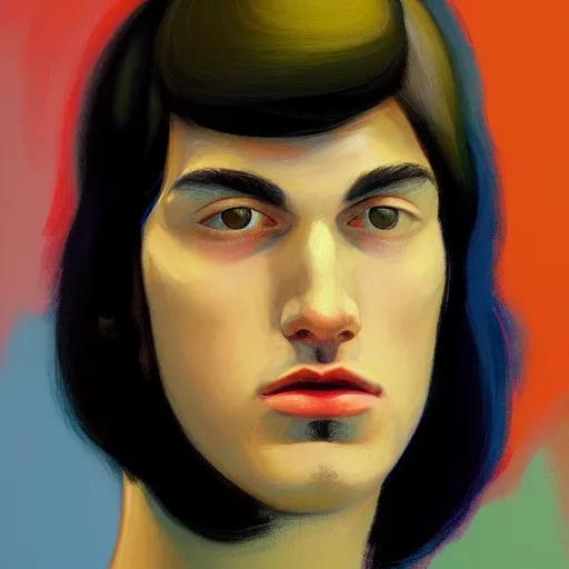 Prompt: A beautiful close-up of a young man with black hair, digital art by Edward Hopper, vibrant color scheme, highly detailed, in the style of romanticism, fine Art, high detail, great lighting, 8k resolution, masterpiece, concept art, illustration, clear eyes, soft lighting, soft details, painting oil on canvas, octane render, HDR, trending on artstation, 4k, 8k, HD
